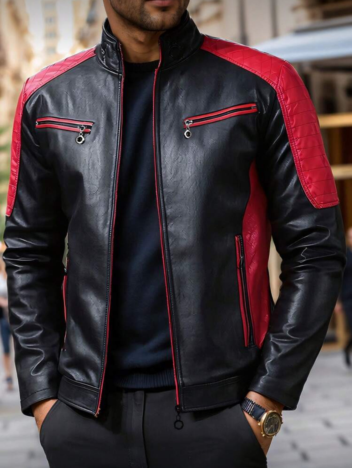 Men’s Contrast Panel Moto Leather Jacket