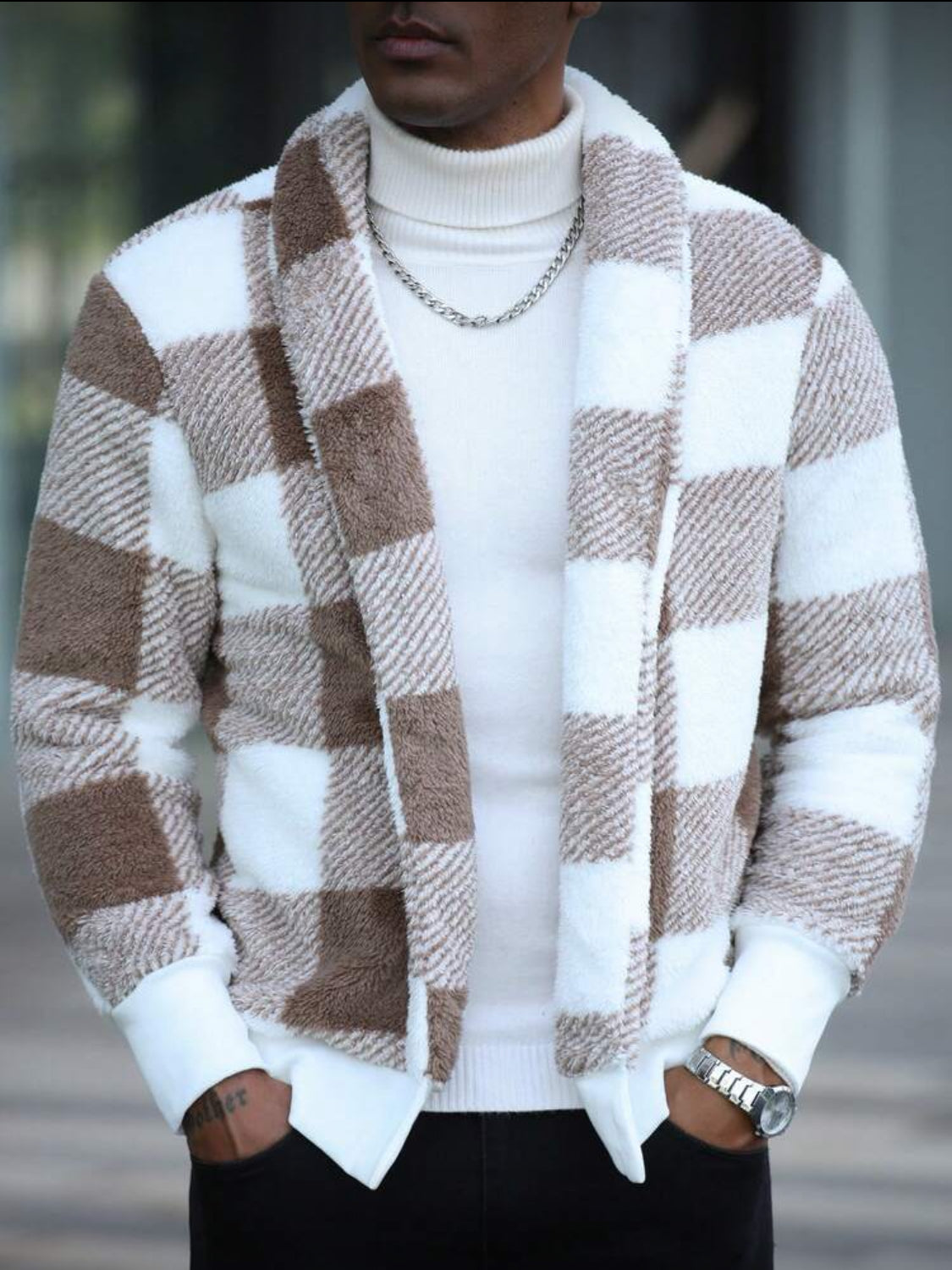 Men’s Soft Plaid Fleece Jacket – White & Brown