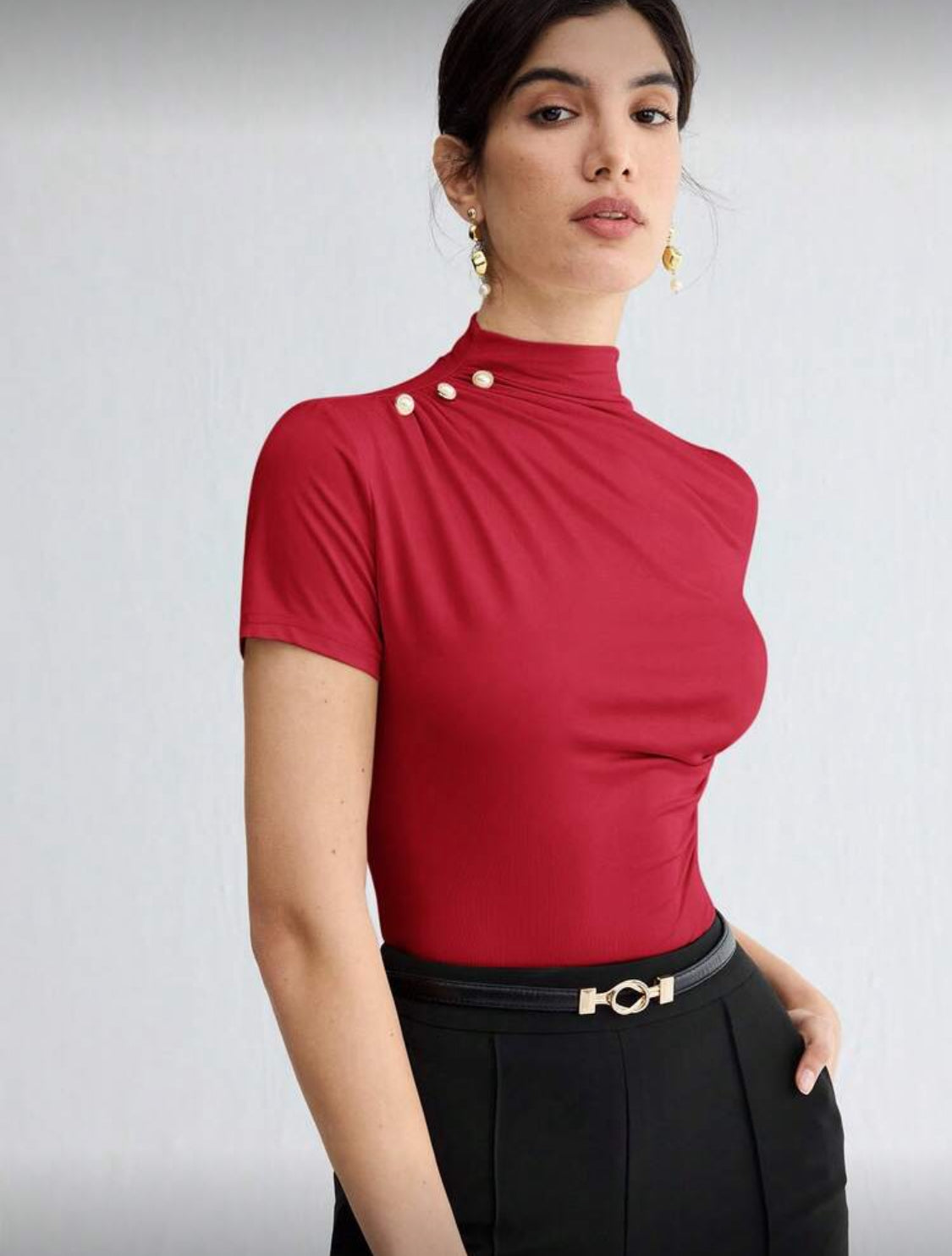 Elegant High-Neck Draped Short Sleeve Top