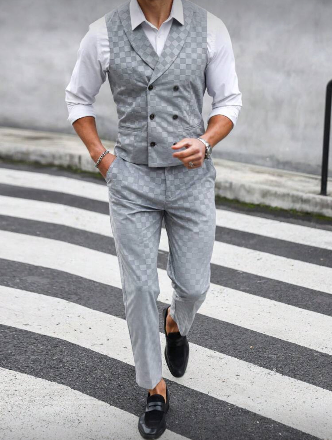 Light Grey Double-Breasted Vest Suit