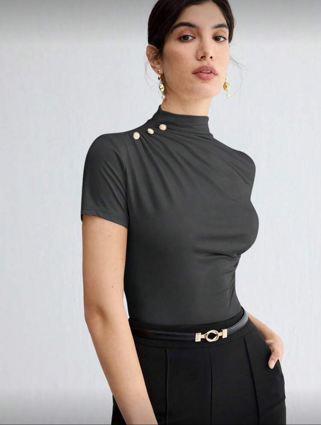 Elegant High-Neck Draped Short Sleeve Top