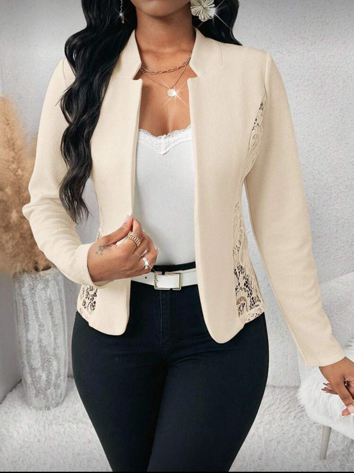 Elegant Lace-Detail Open Front Blazer
