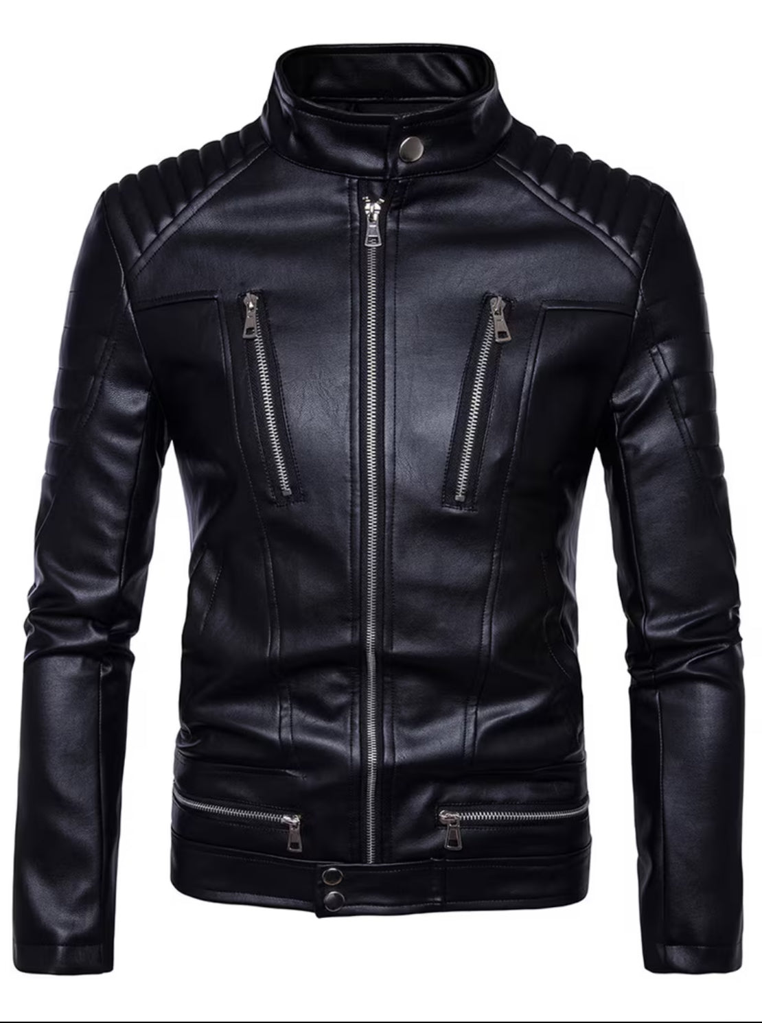 Classic Black Faux Leather Biker Jacket for Men