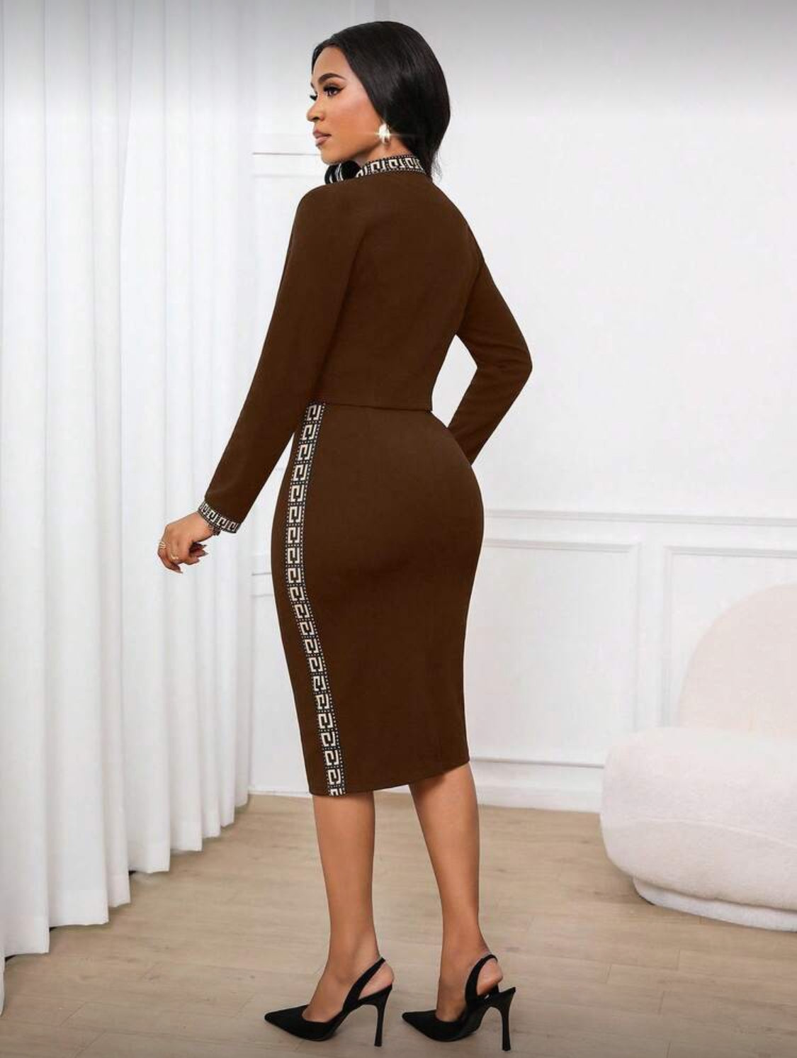 Elegant Contrast Trim Two-Piece Midi Dress Set