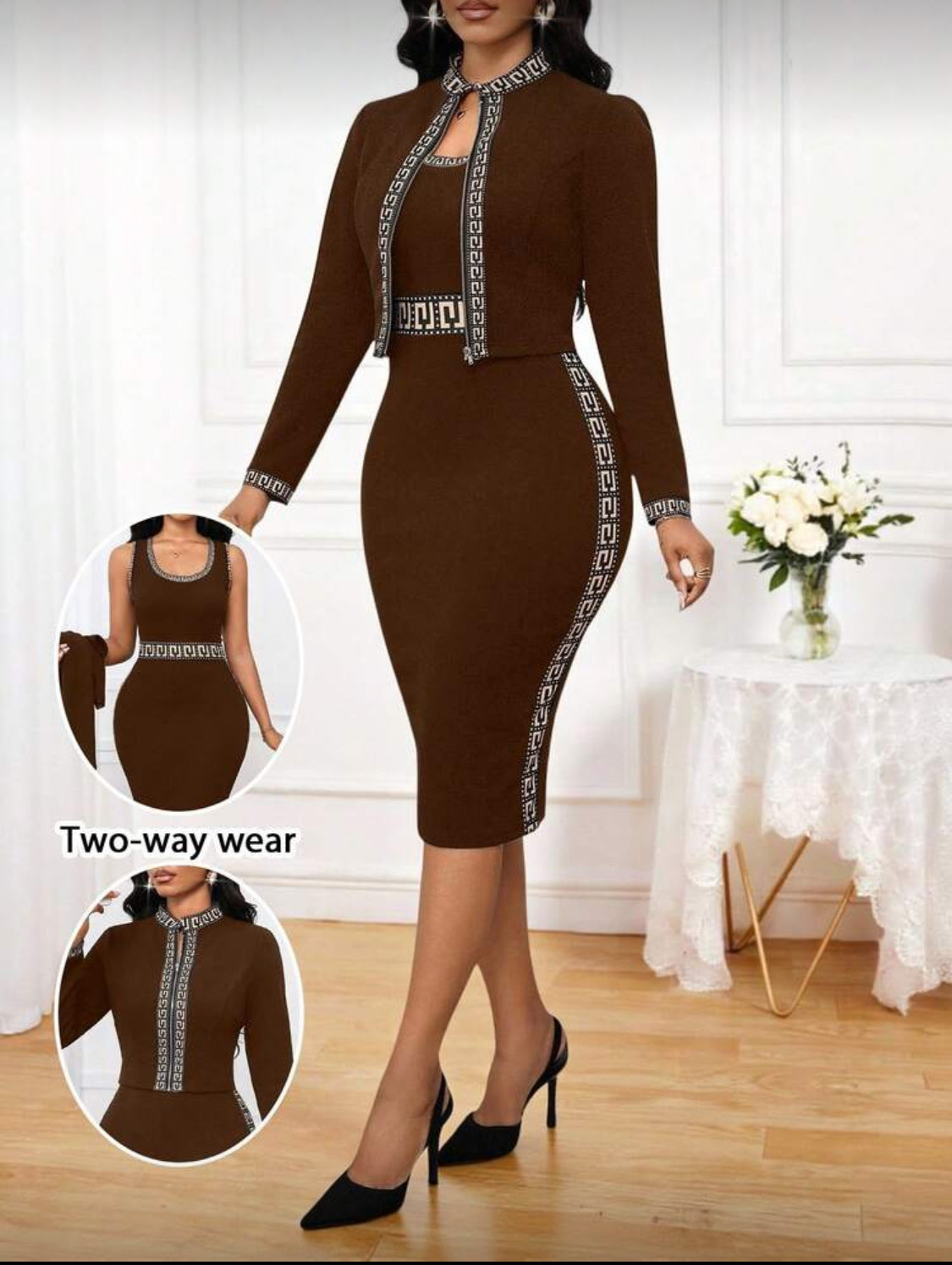 Elegant Contrast Trim Two-Piece Midi Dress Set