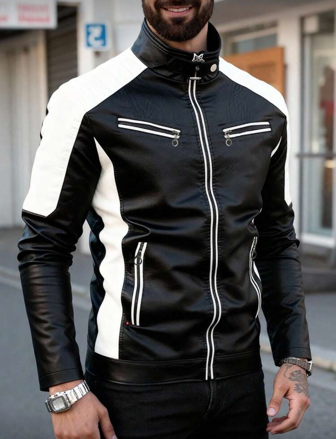 Men’s Contrast Panel Moto Leather Jacket