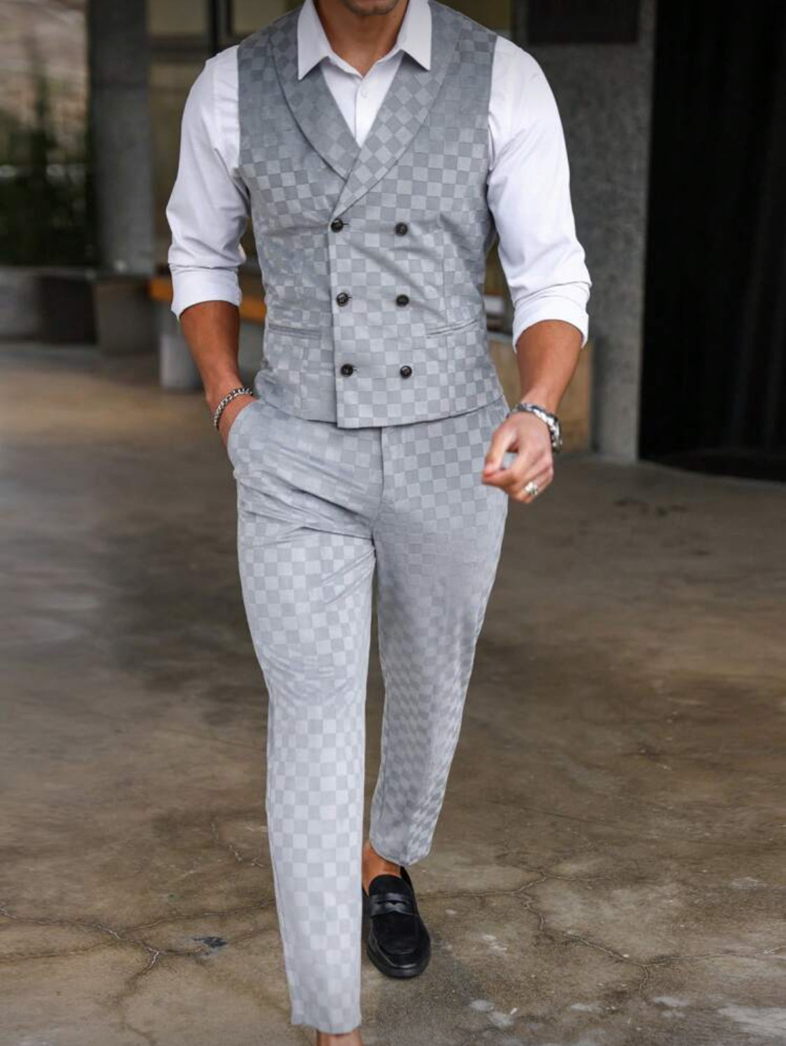 Light Grey Double-Breasted Vest Suit