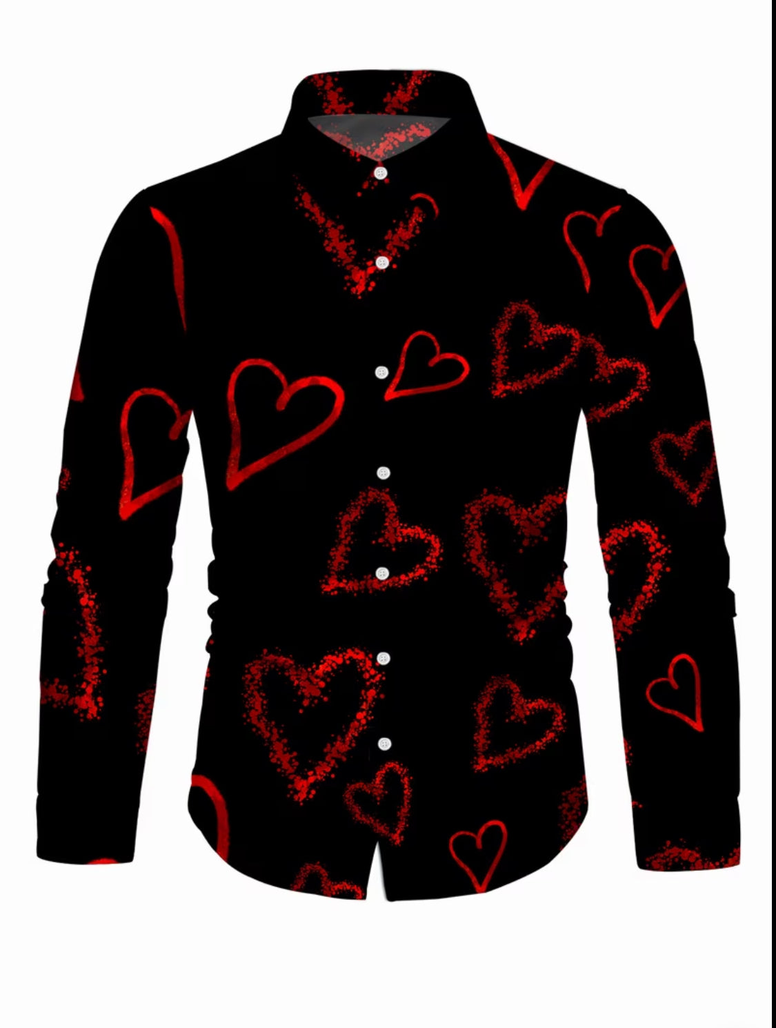 Men’s Romantic Heart Print Long-Sleeve Button-Down Shirt – Black & Red
