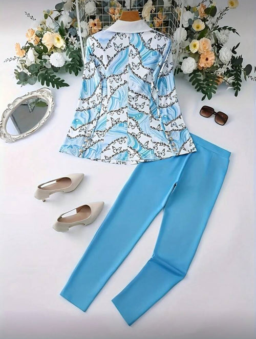 Elegant Butterfly Print Blazer & Pants Set (2-Piece Outfit)