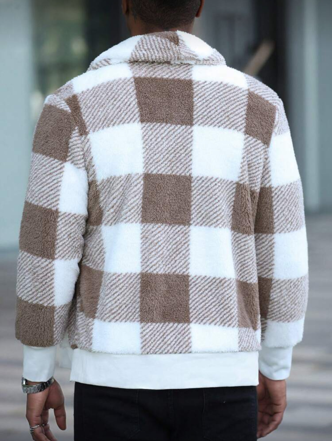 Men’s Soft Plaid Fleece Jacket – White & Brown