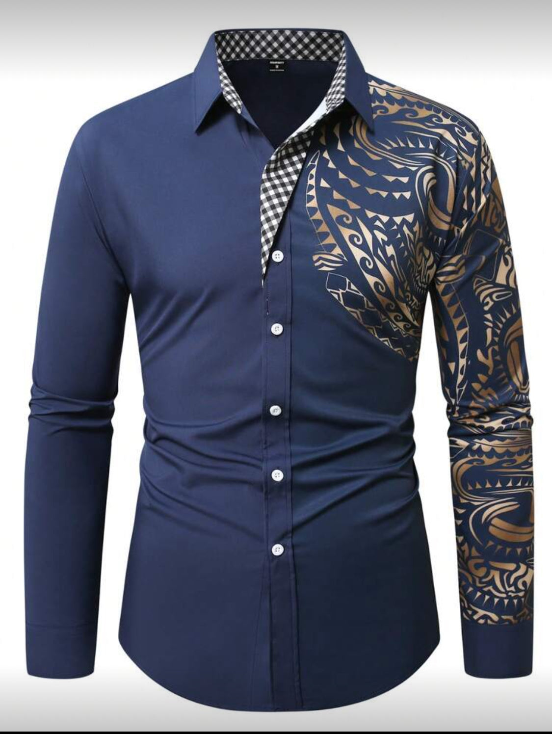 Men’s Slim Fit Designer Shirt with Gold Tribal Pattern