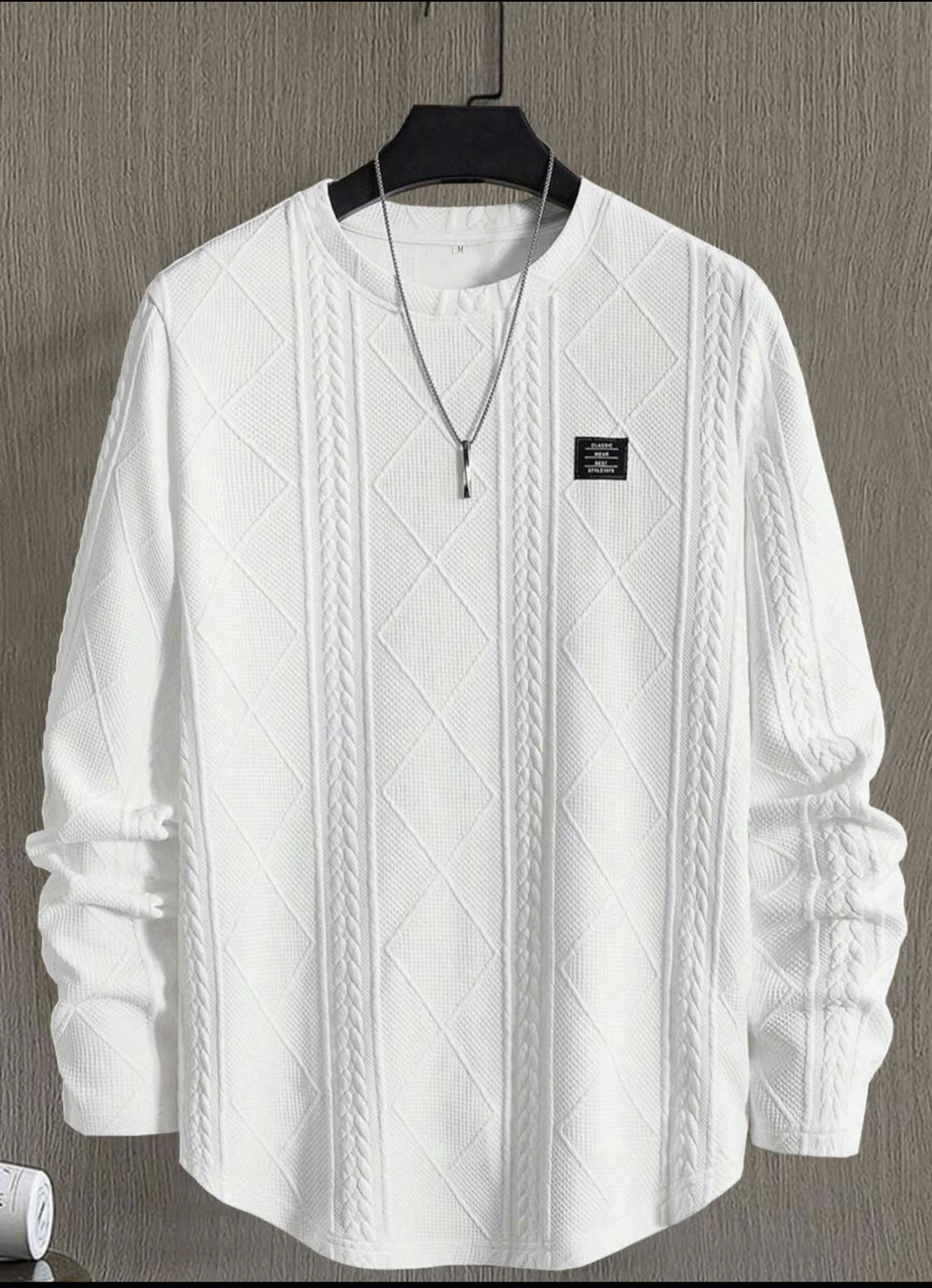 Men’s Textured Knit Long Sleeve Sweater – White