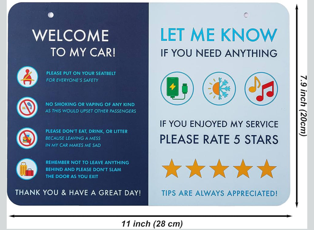 5-Star Driver Courtesy Car Sign – Passenger Rules & Service Reminder Hanging Sign