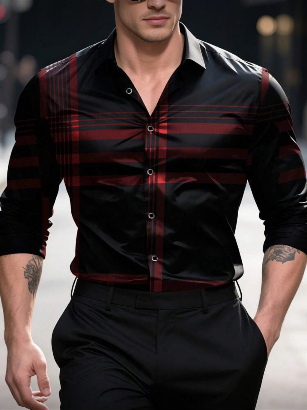 Men’s Modern Plaid Slim-Fit Button-Up Shirt
