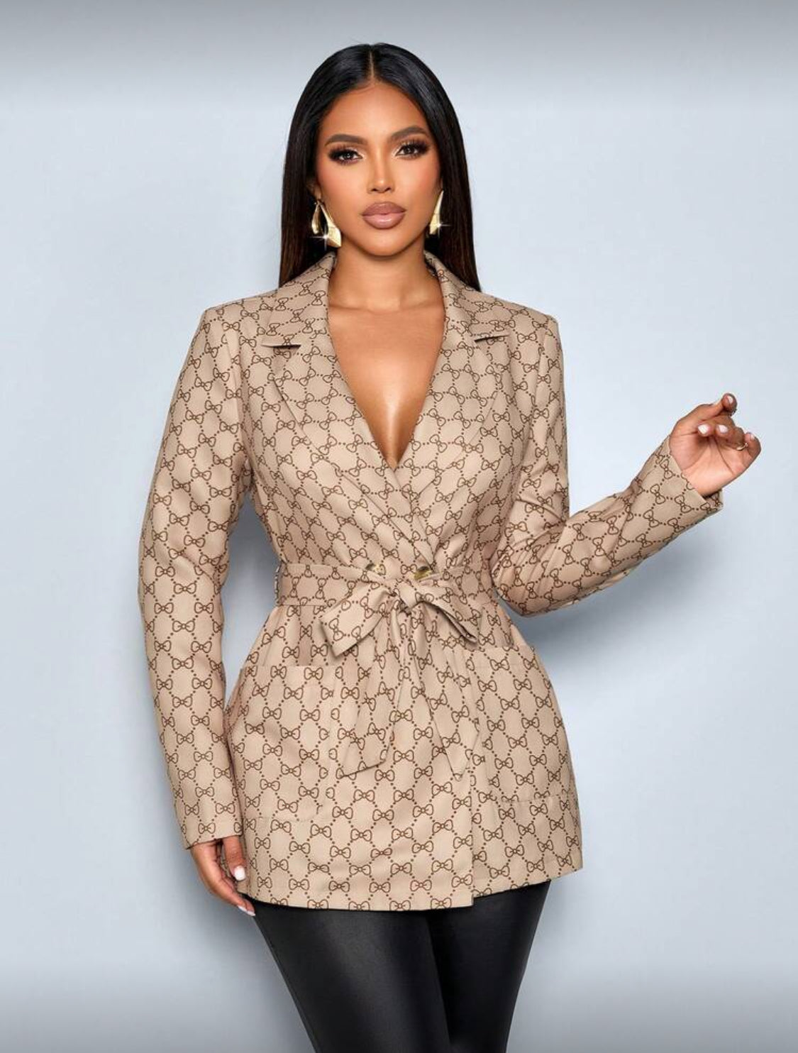 Elegant Monogram Belted Blazer Dress