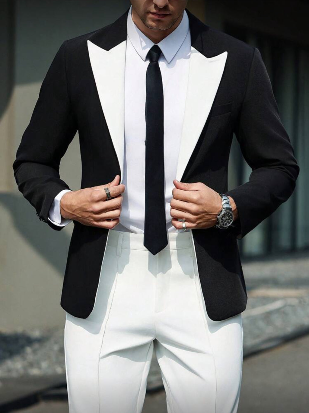 Black & White Contrast Belted Suit