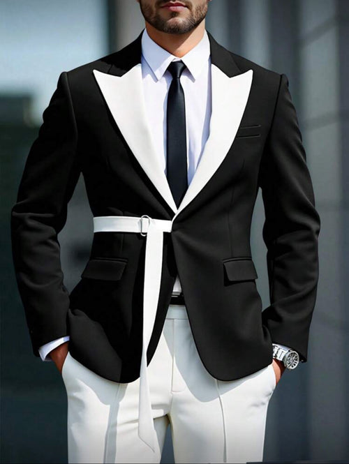 Black & White Contrast Belted Suit