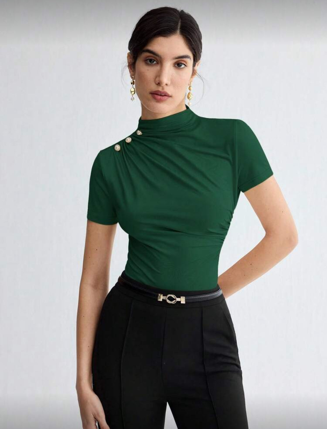 Elegant High-Neck Draped Short Sleeve Top