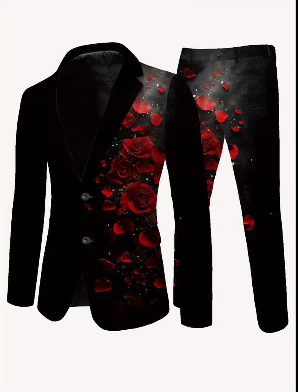 Men’s Black Rose Floral Suit Set with Red Petal Design