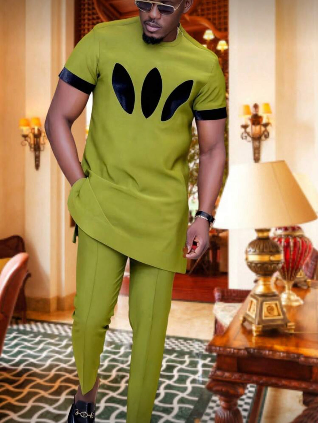 Olive Green Contemporary Short-Sleeve Traditional Set