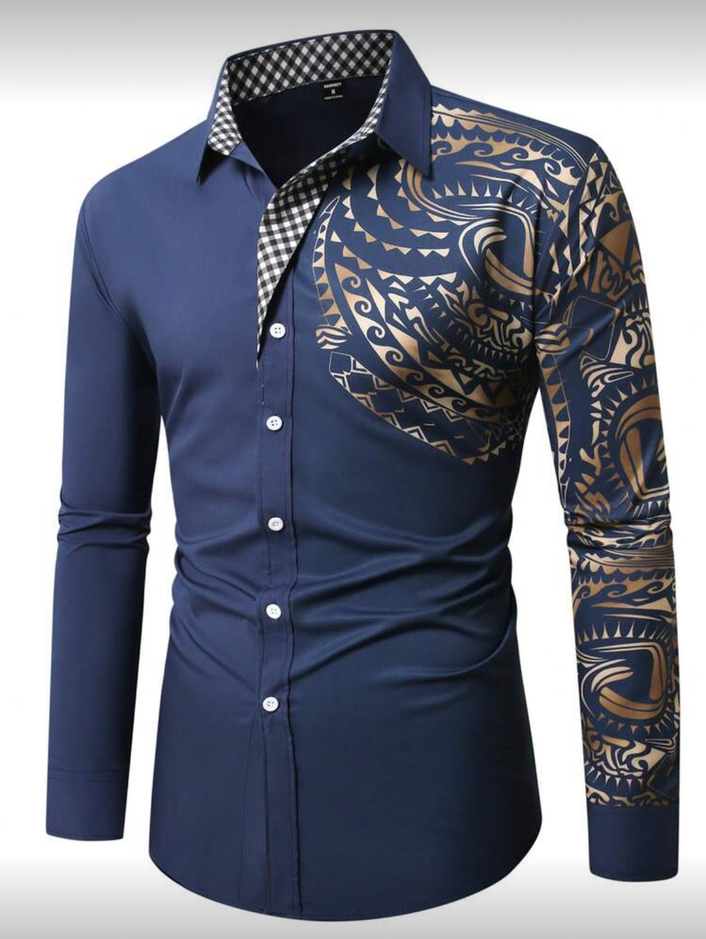 Men’s Slim Fit Designer Shirt with Gold Tribal Pattern