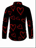 Men’s Romantic Heart Print Long-Sleeve Button-Down Shirt – Black & Red