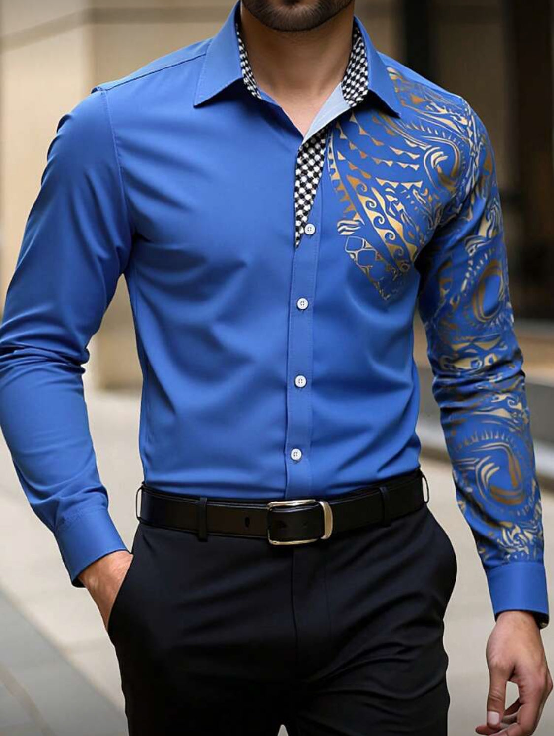 Men’s Slim Fit Designer Shirt with Gold Tribal Pattern