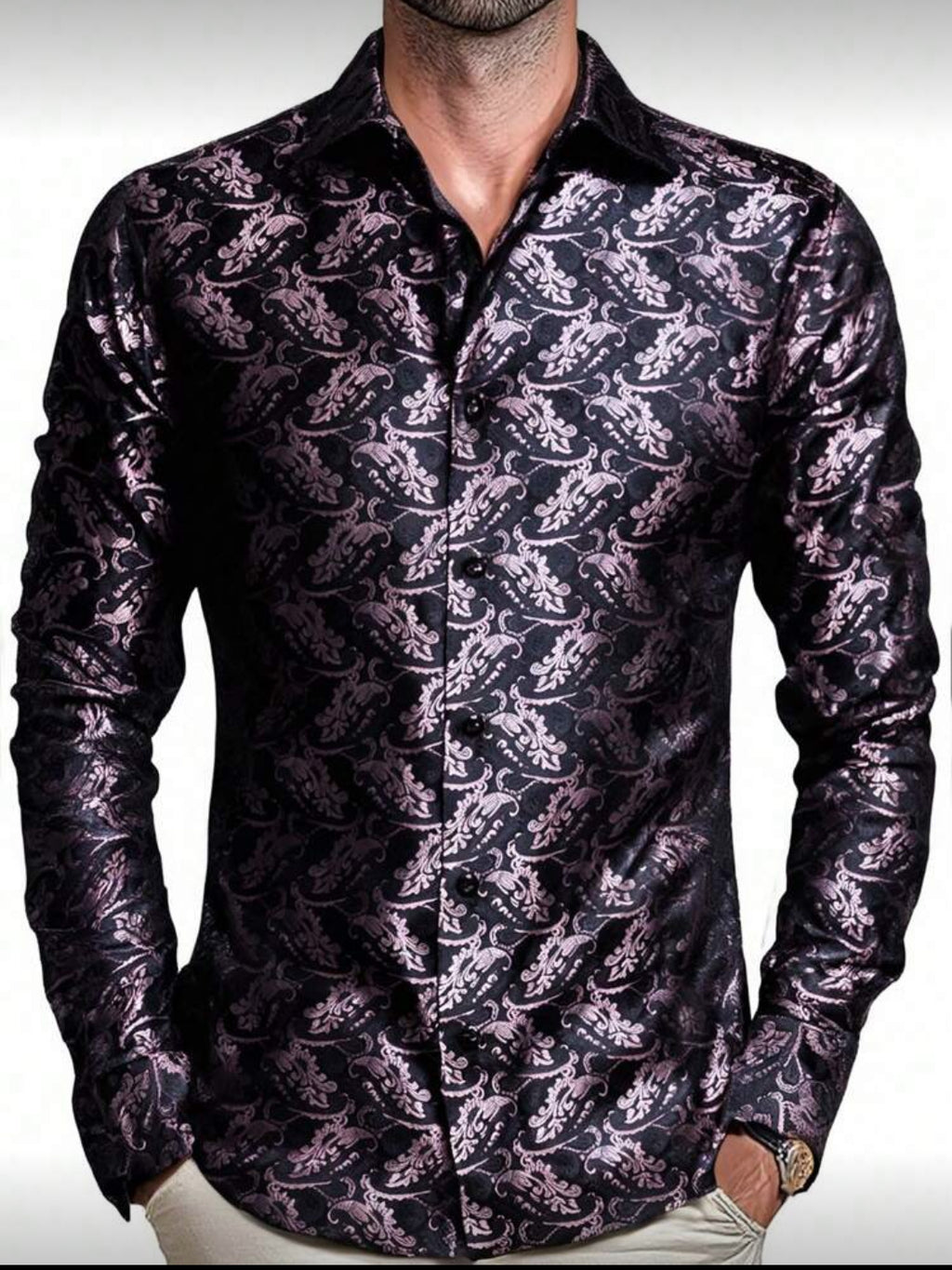 Men’s Premium Black Paisley Pattern Dress Shirt