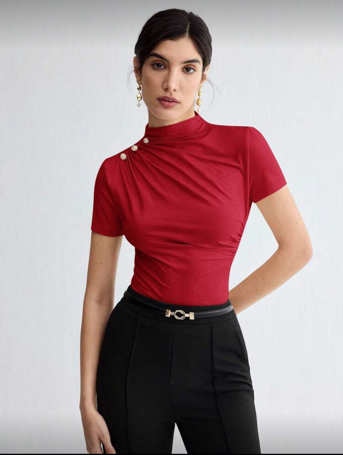 Elegant High-Neck Draped Short Sleeve Top