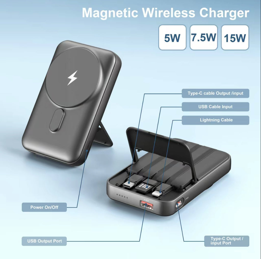Magnetic Wireless Power Bank with Foldable Stand – Fast Charging Portable Battery Pack