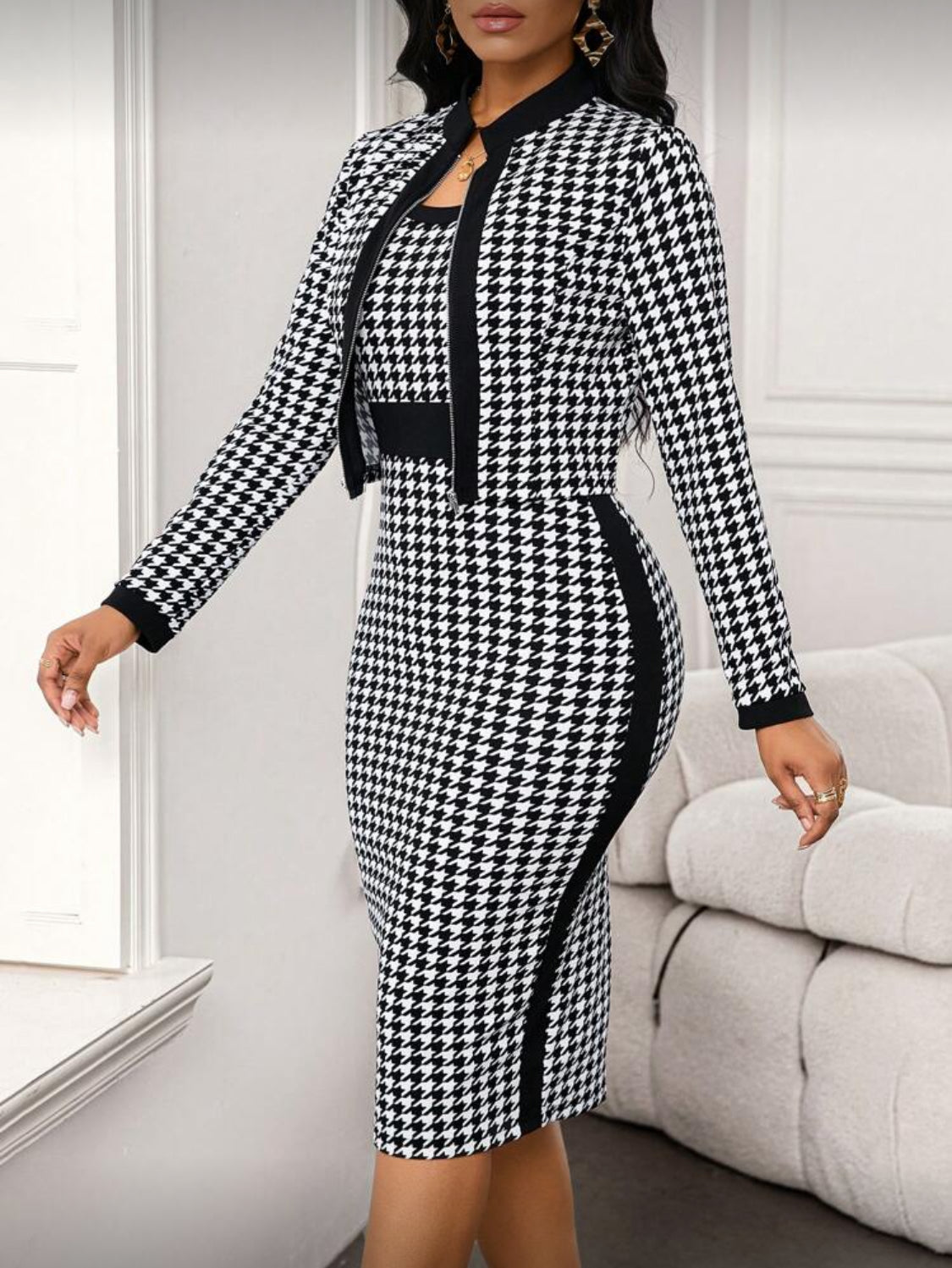 Elegant Contrast Trim Two-Piece Midi Dress Set