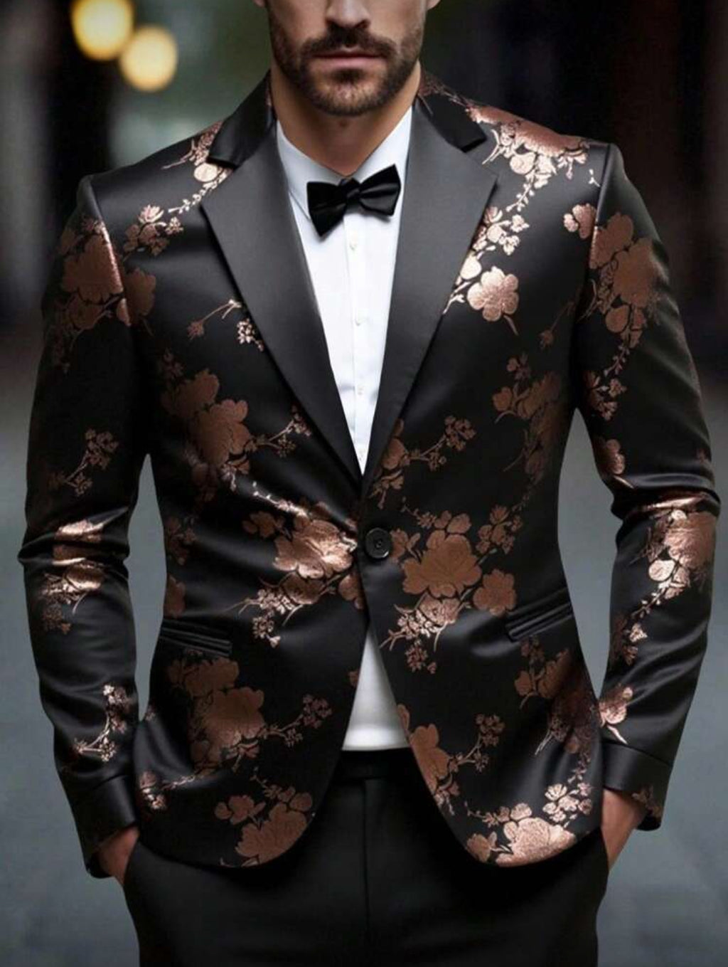 Black & Gold Floral Tuxedo Jacket