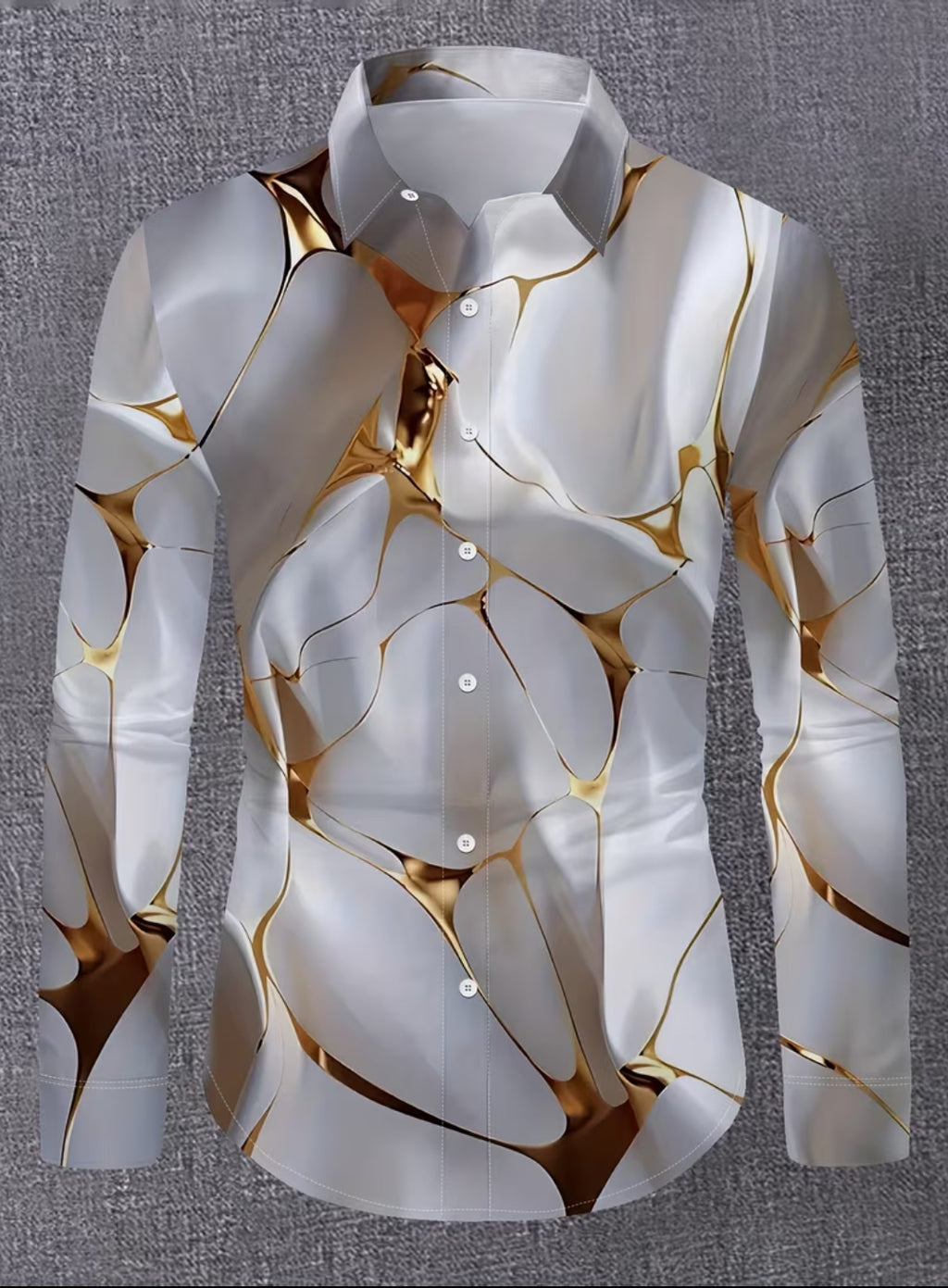 Men’s Luxury Marble Gold Accent Long-Sleeve Button-Down Shirt