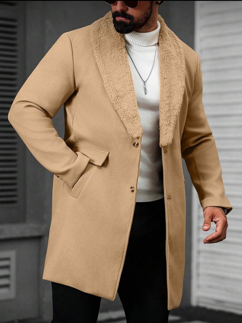 Men’s Luxury Faux Fur Collar Long Coat – Elegant Winter Style