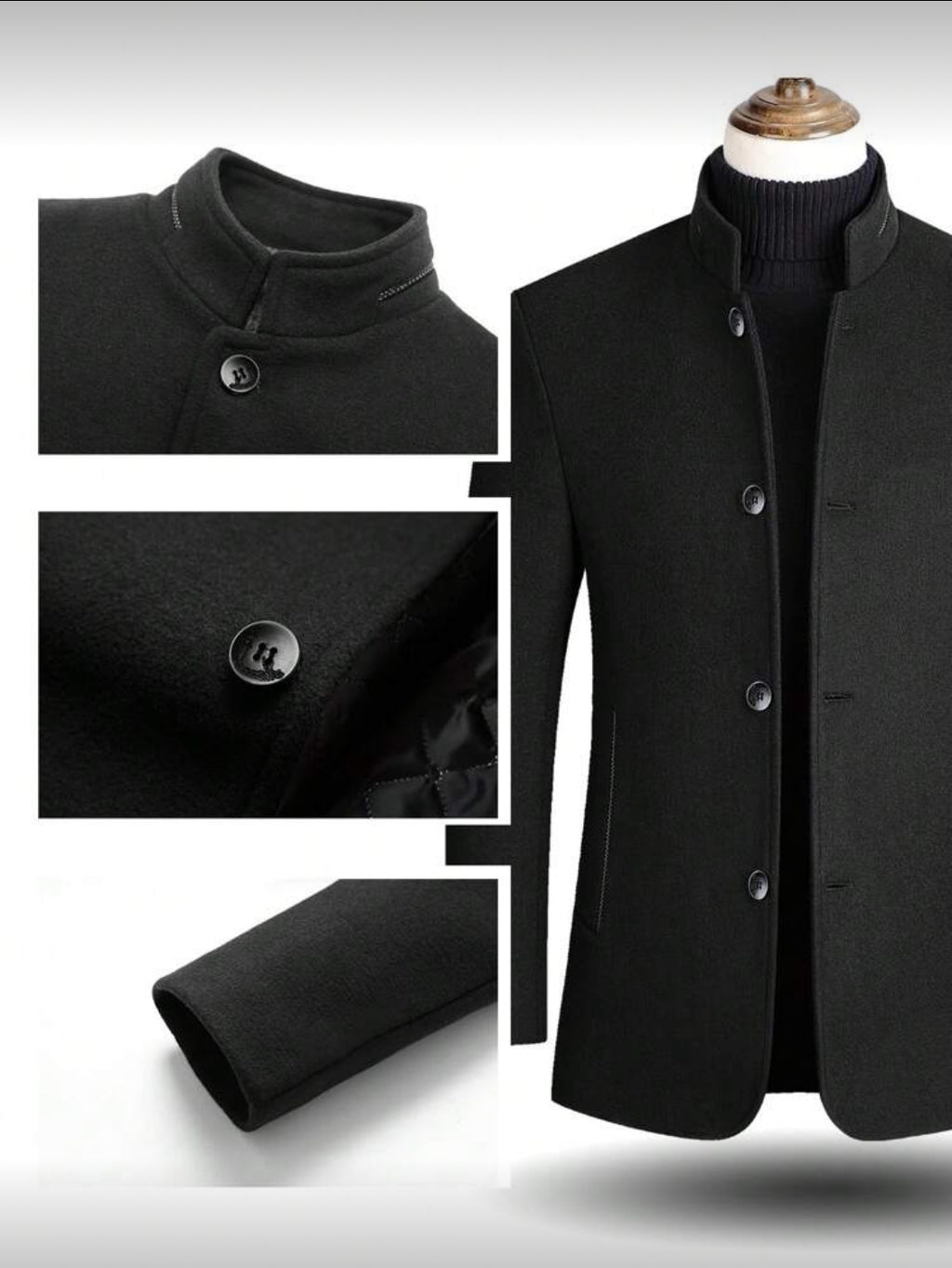 Men’s Stand Collar Wool-Blend Coat
