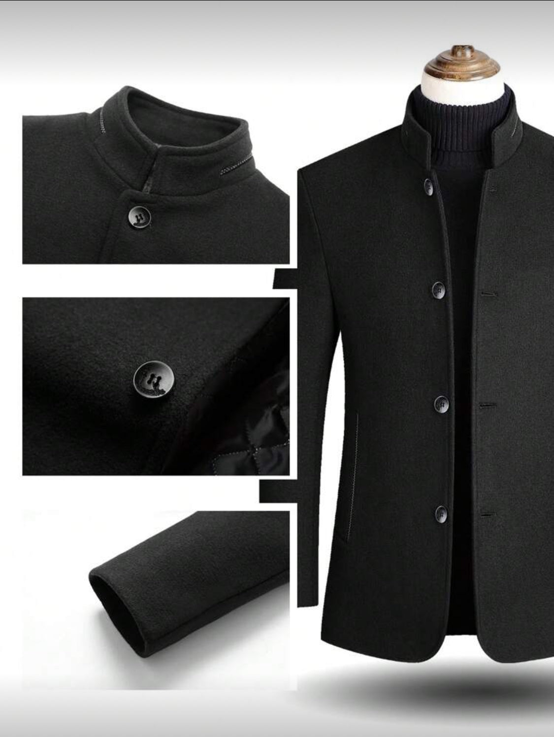 Men’s Stand Collar Wool-Blend Coat