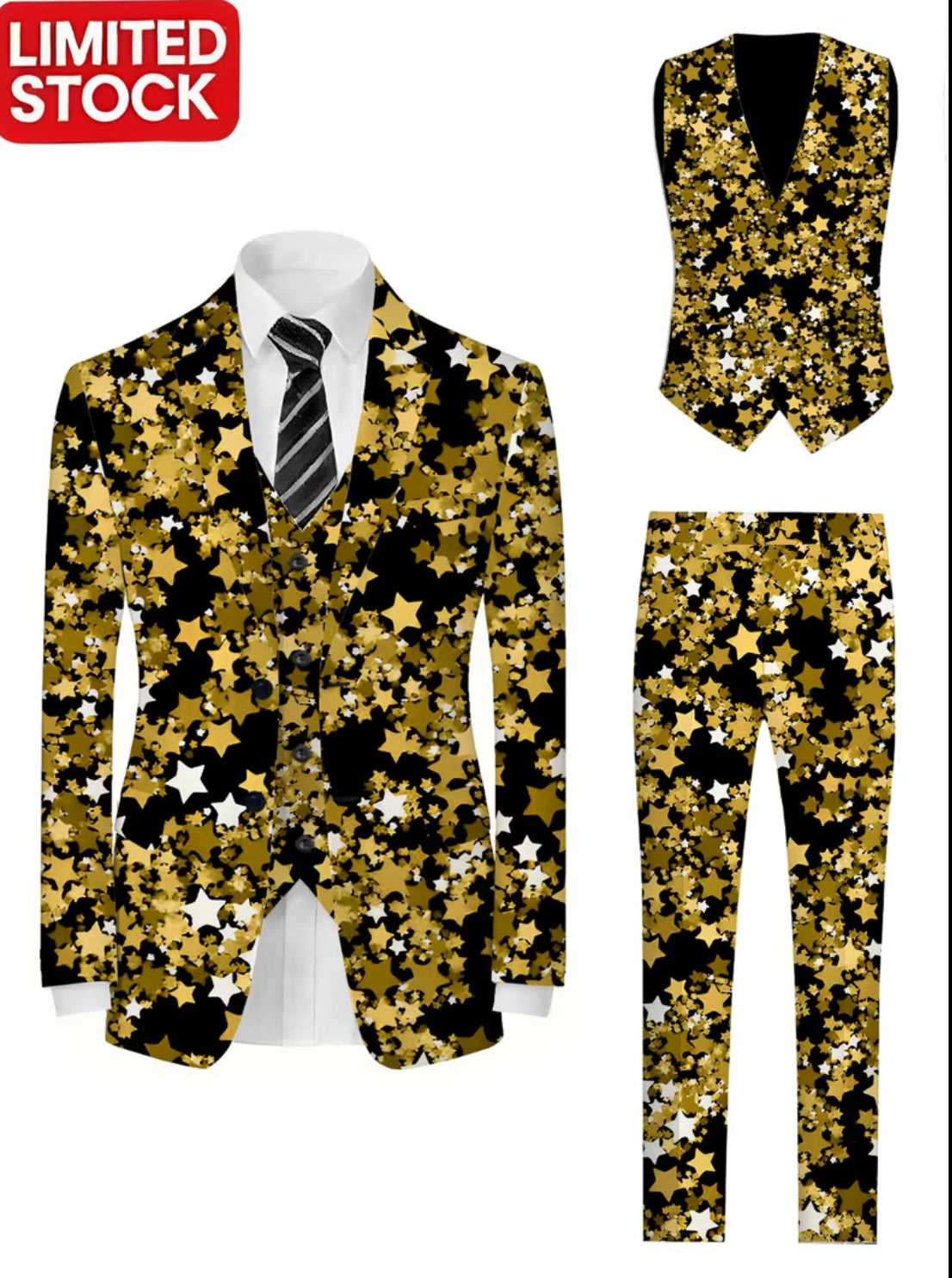 Men’s Gold Star Print 3-Piece Suit Set – Luxury Blazer, Vest & Slim-Fit Pants