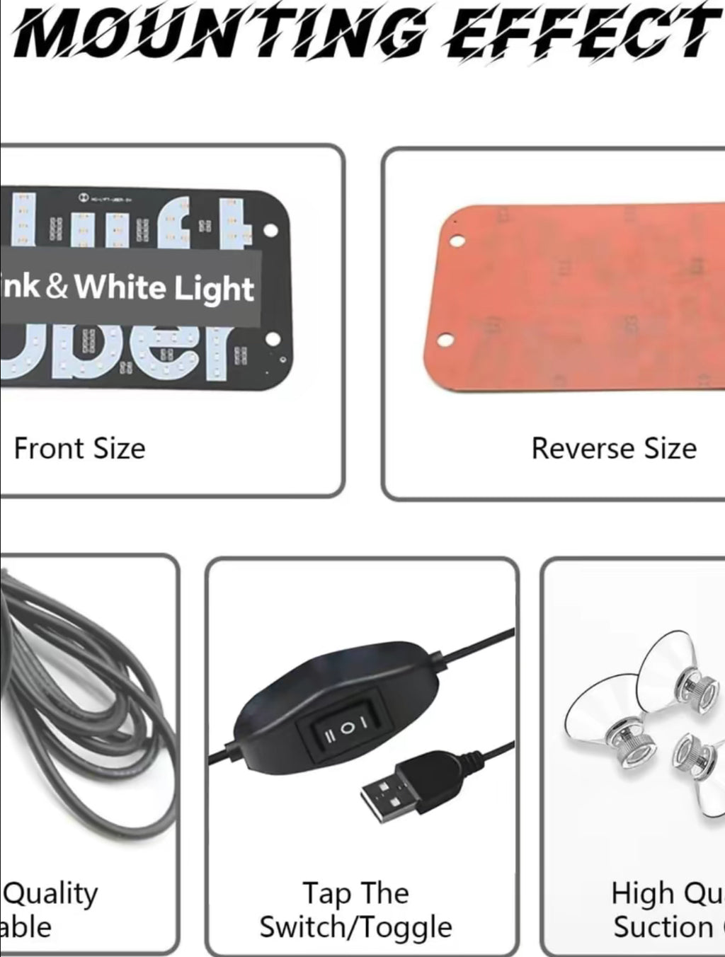 USB LED “Pink & White Light” Car Sign – Ride-Share Dashboard Display with On/Off Switch