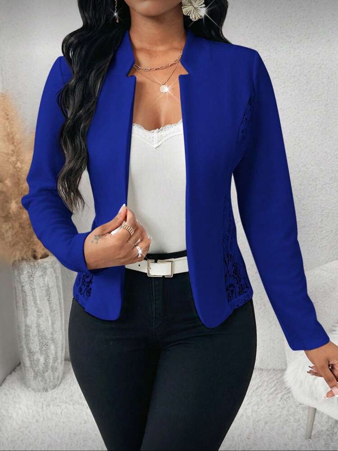 Elegant Lace-Detail Open Front Blazer