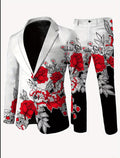 Men’s White & Black Floral Suit Set with Red Rose Design