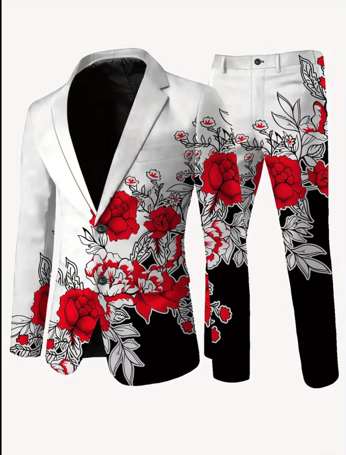Men’s White & Black Floral Suit Set with Red Rose Design