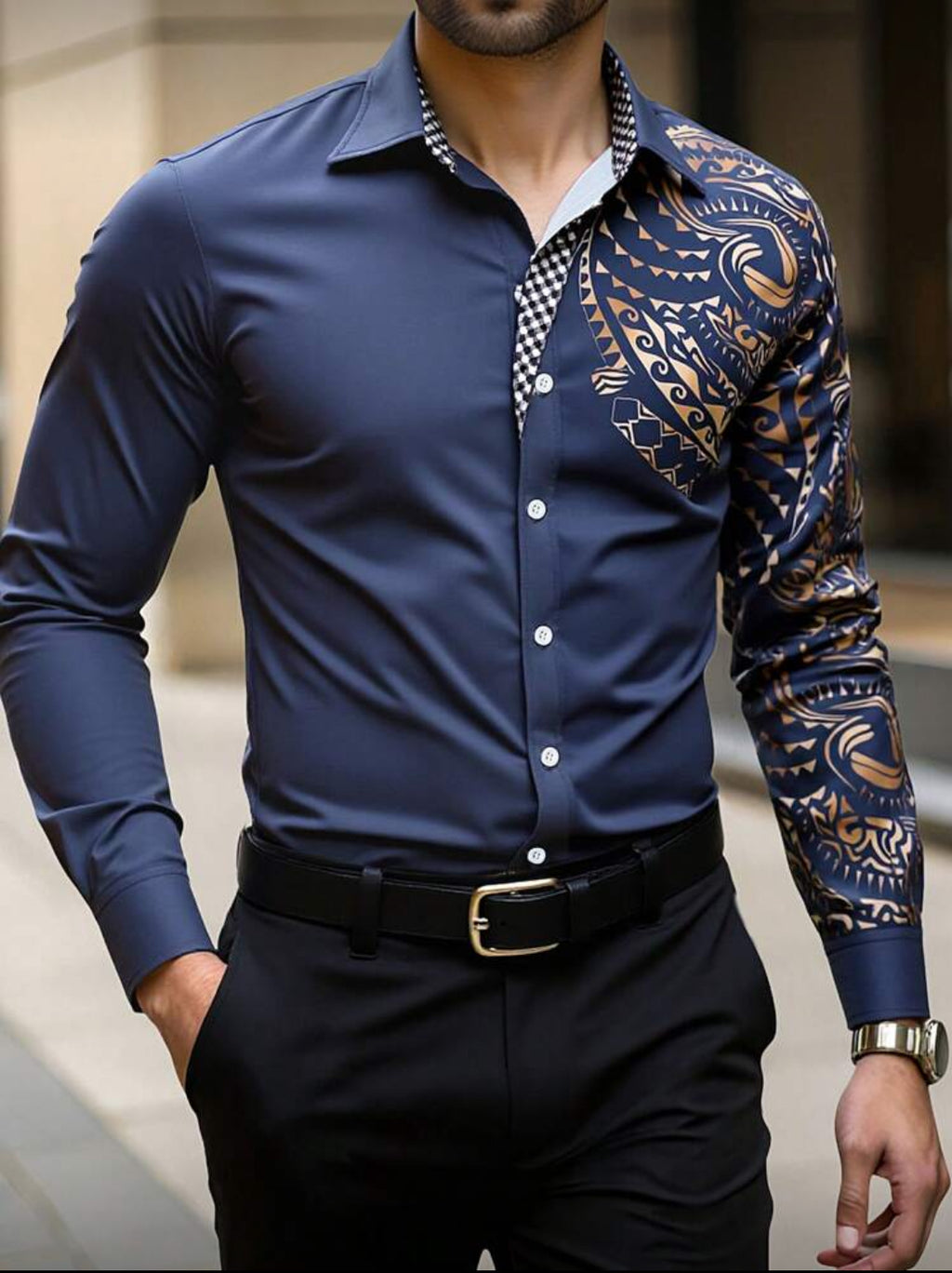Men’s Slim Fit Designer Shirt with Gold Tribal Pattern