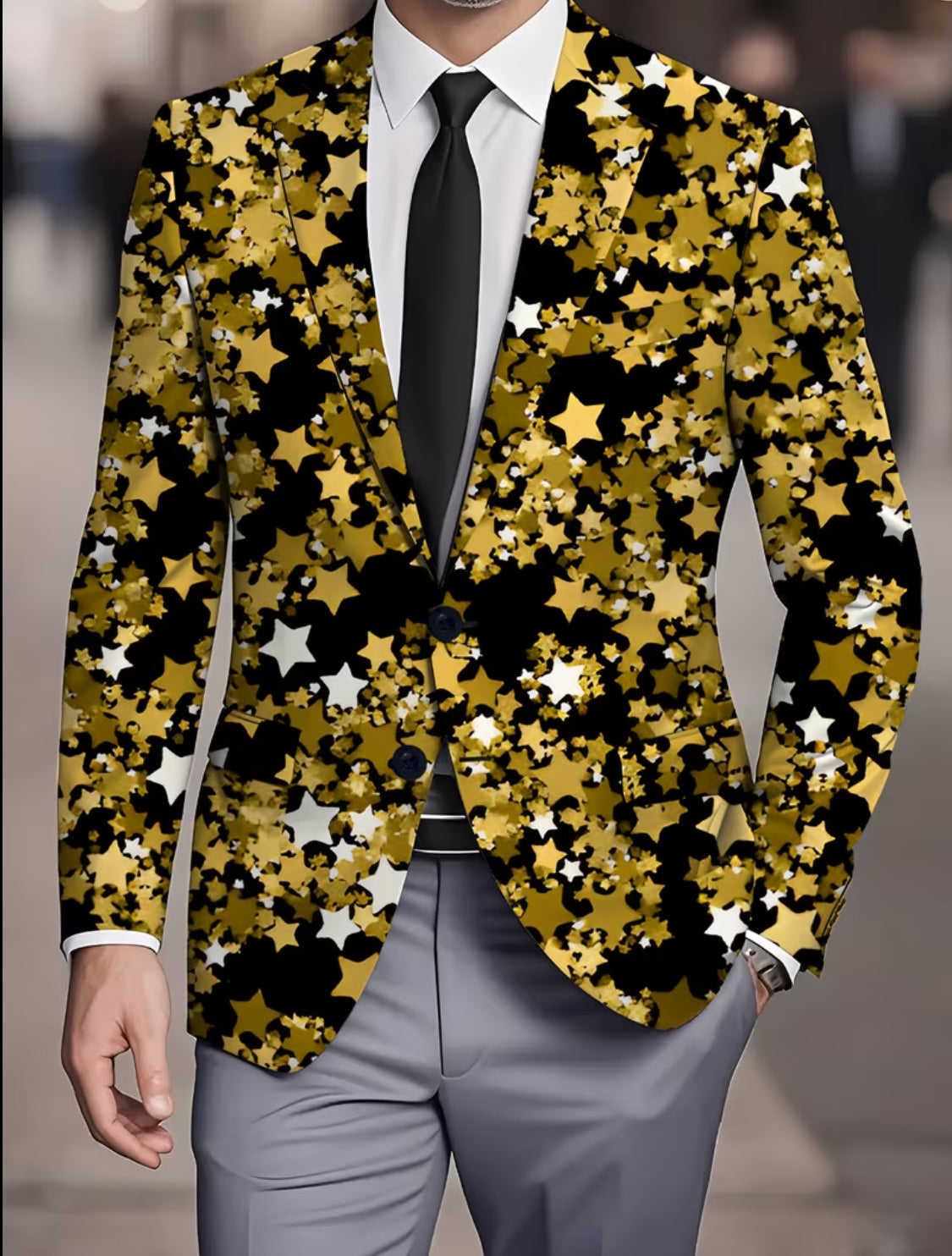 Men’s Gold Star Print 3-Piece Suit Set – Luxury Blazer, Vest & Slim-Fit Pants