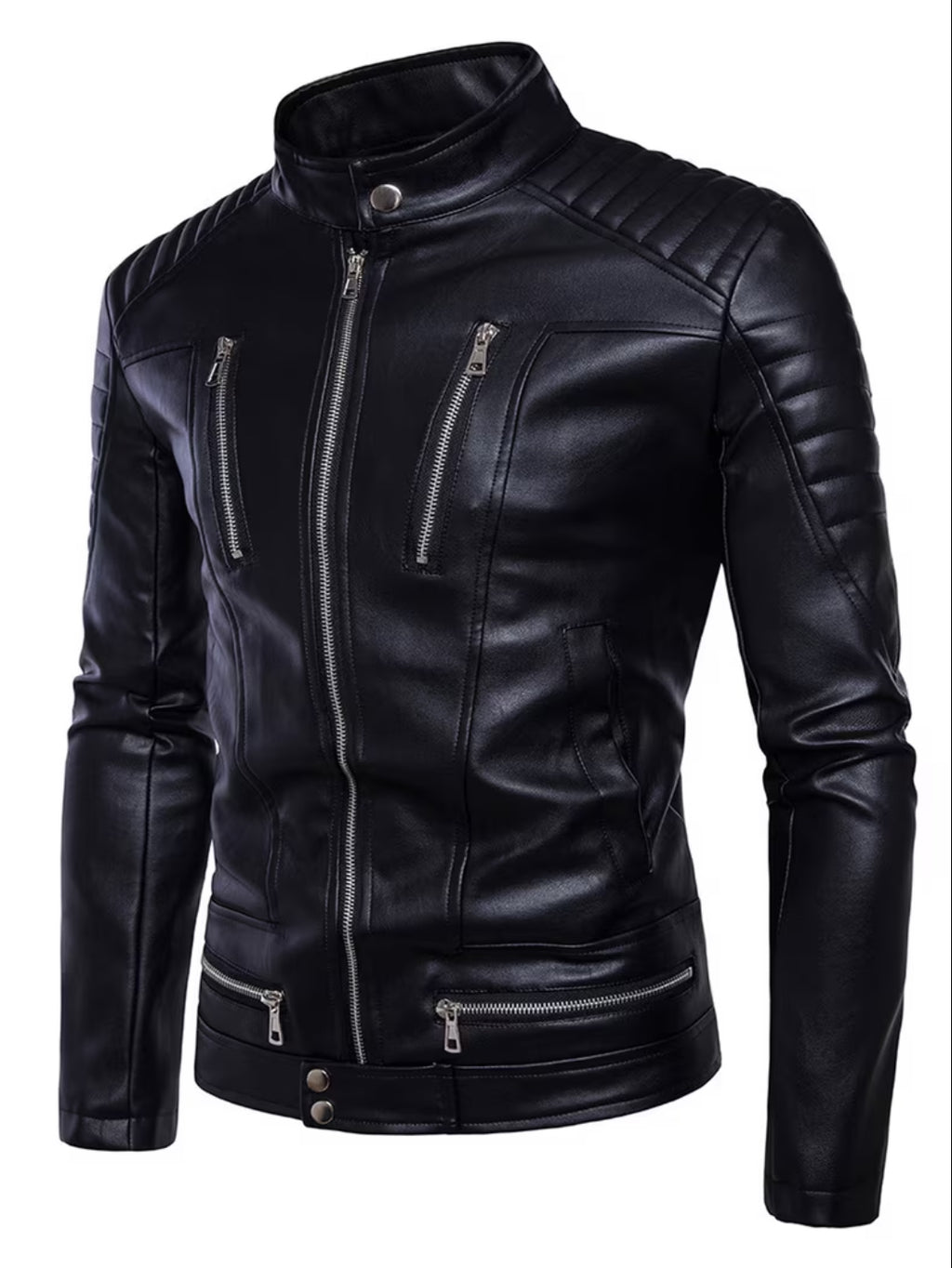 Classic Black Faux Leather Biker Jacket for Men