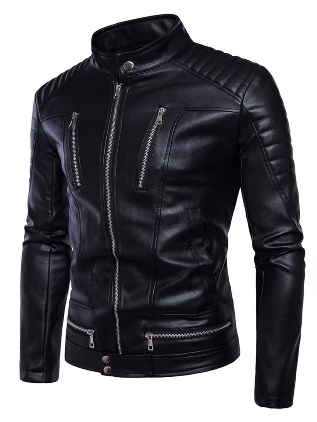 Classic Black Faux Leather Biker Jacket for Men