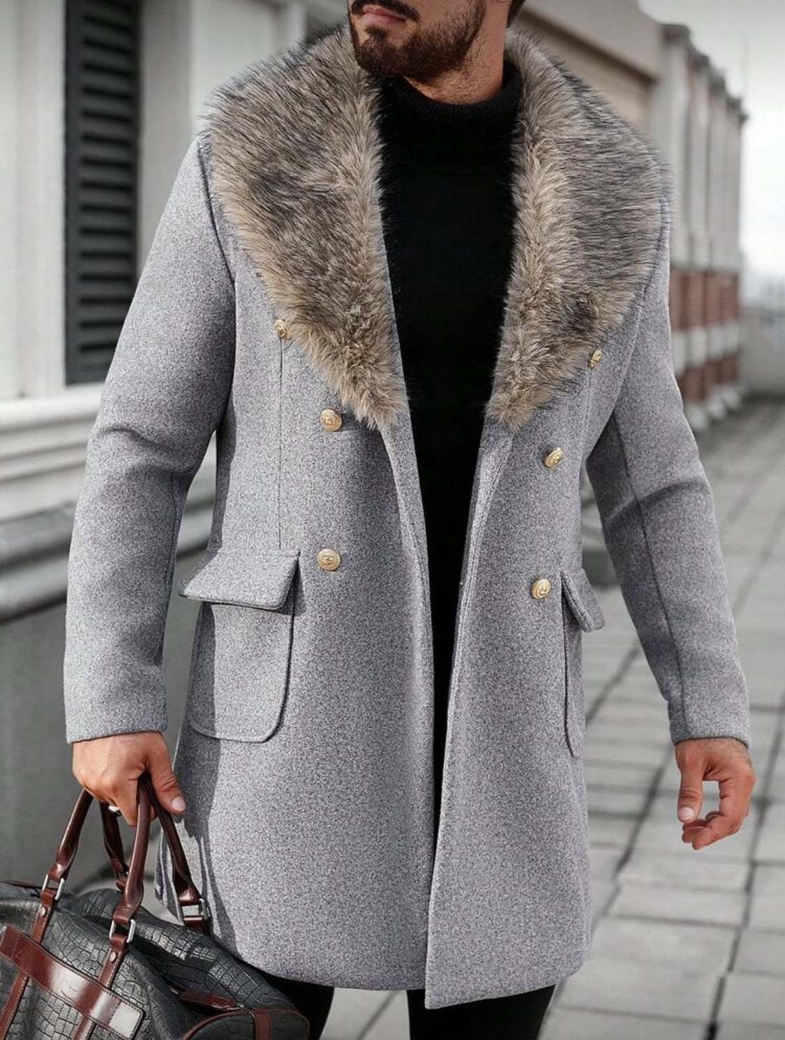 Men’s Luxury Fur-Collar Winter Overcoat