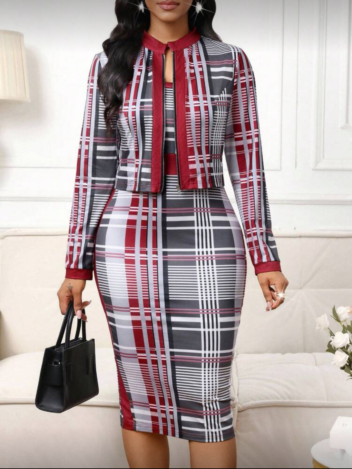 Elegant Contrast Trim Two-Piece Midi Dress Set