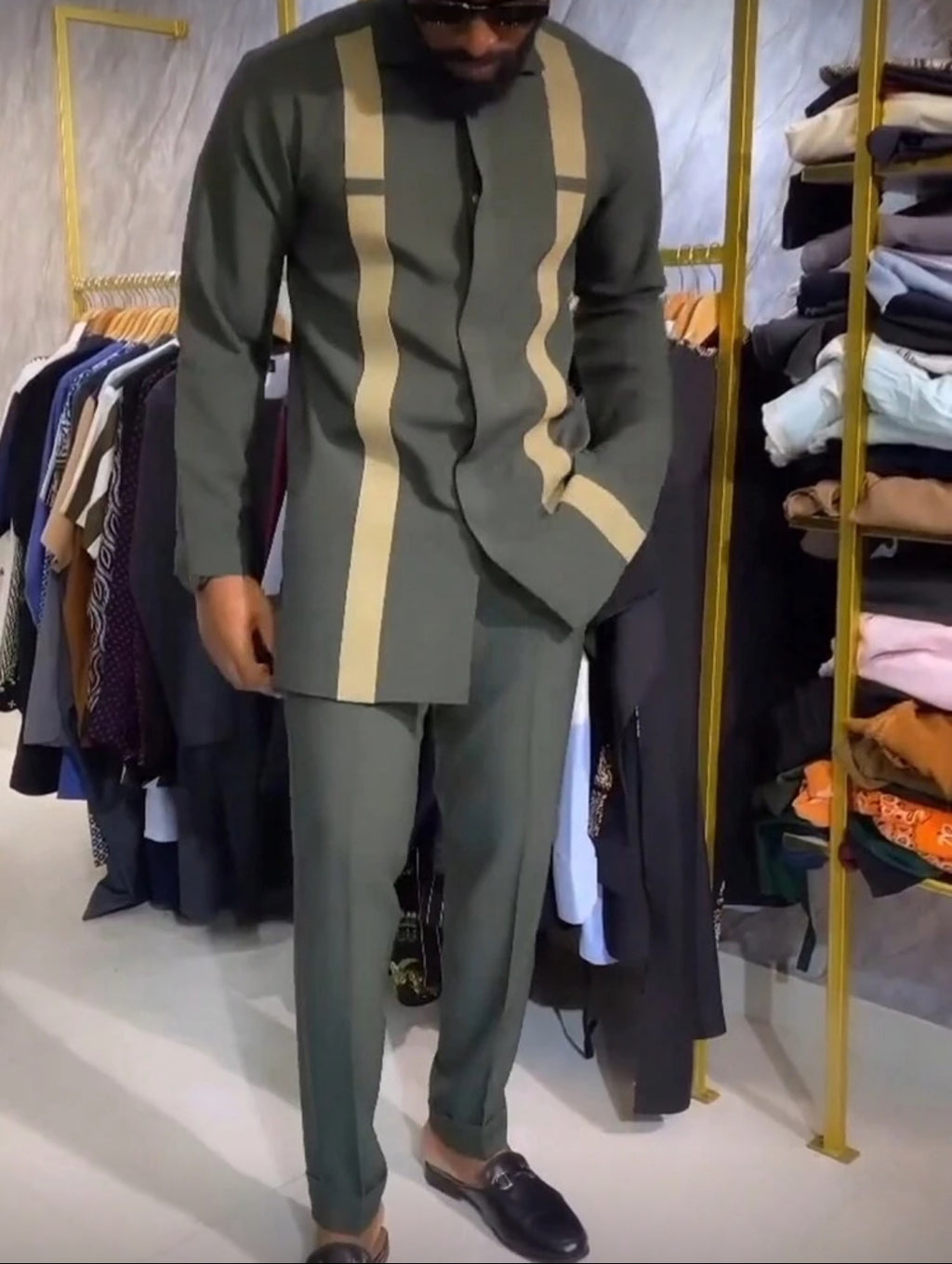 Modern African-Inspired Men’s Two-Piece Set (Olive & Beige)