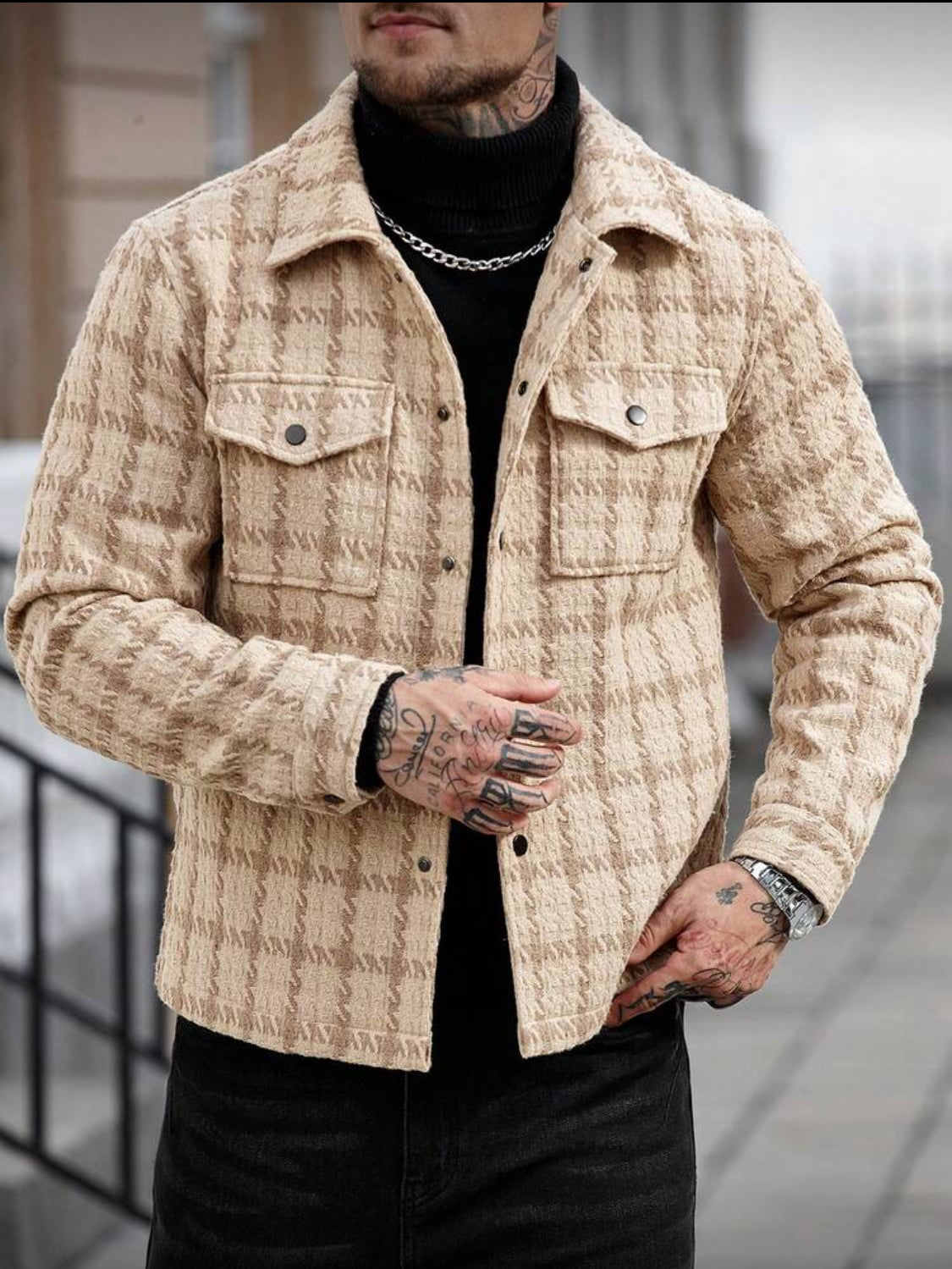 Men’s Textured Houndstooth Button-Up Jacket