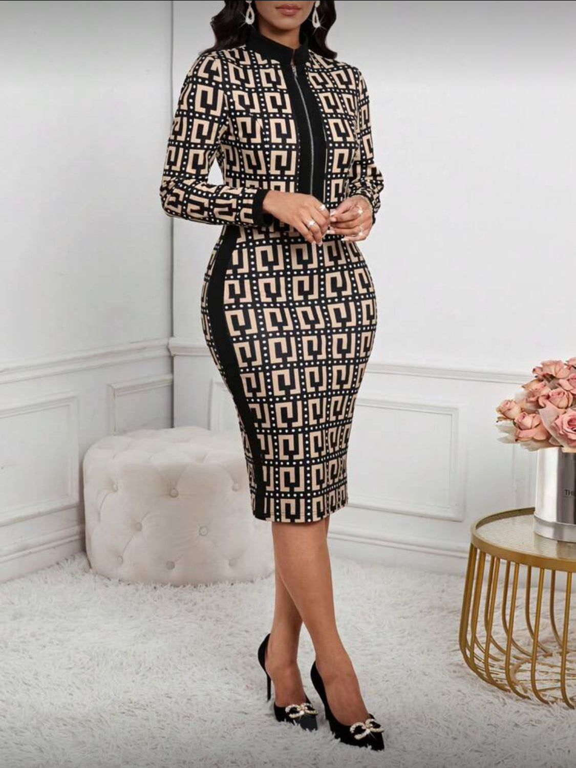 Elegant Contrast Trim Two-Piece Midi Dress Set